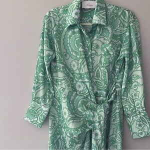 Green and white Women's wrap dress Paisley print design 100% silk material